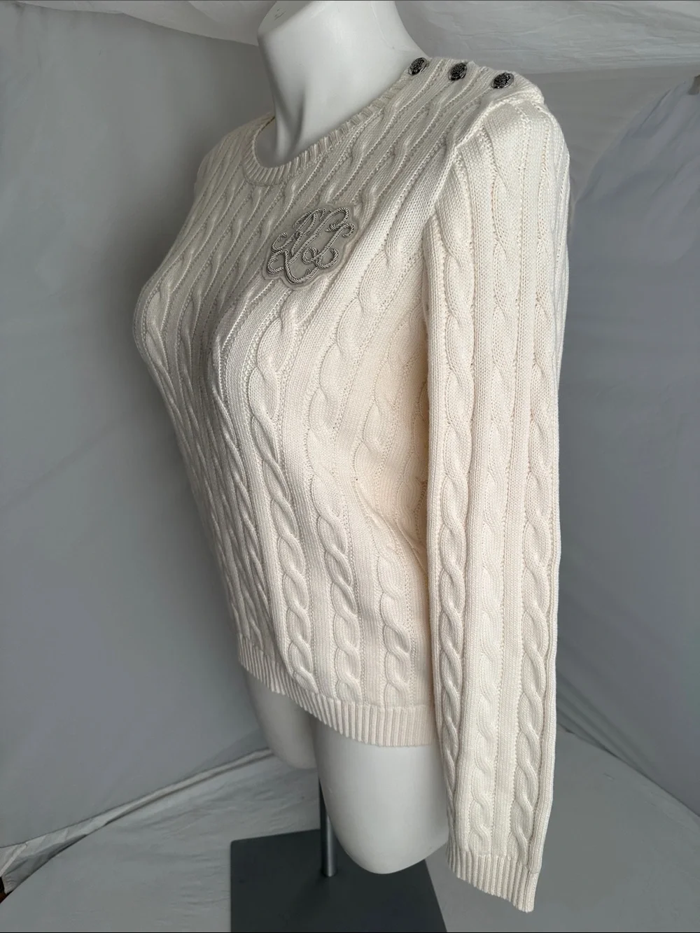 Ralph Lauren Winter Cream cable knit crew neck sweater with appliqué & buttons